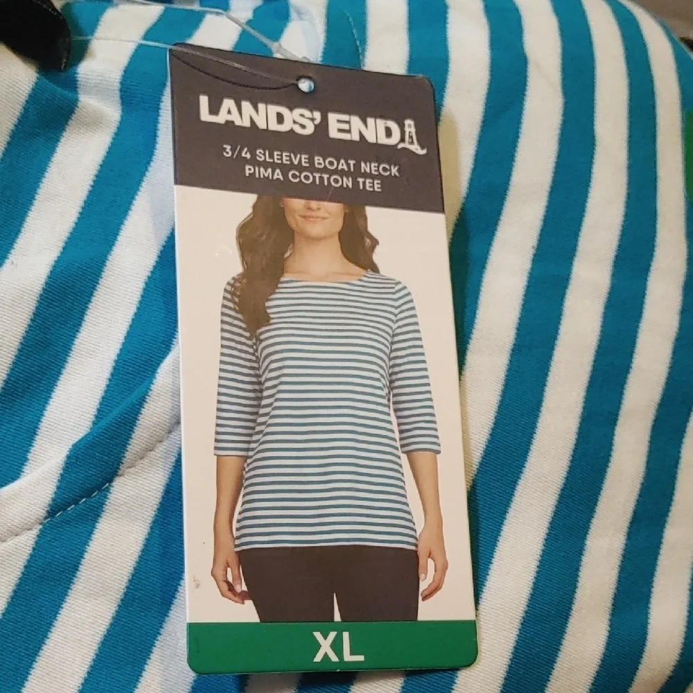 NWT Lands' End 3/4 Sleeve Boat Neck Pima Cotton Tee Blue/White Stripes‎